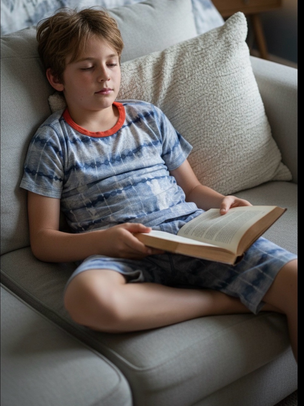 Boys Pajamas Crewcuts Light Blue Knit Top Navy Stitching, Orange collar Soft 10
